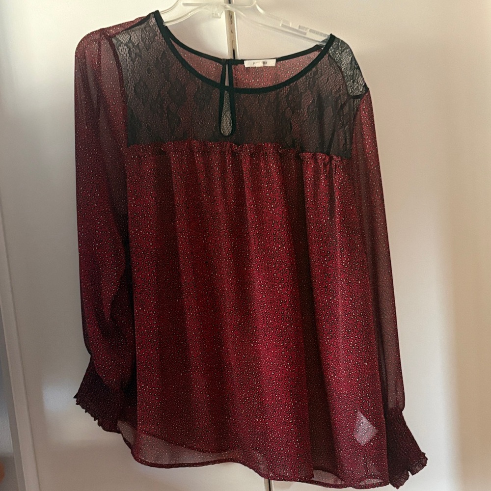 Pleione Burgundy Sheer Lace-Yoke Long Sleeve Blouse